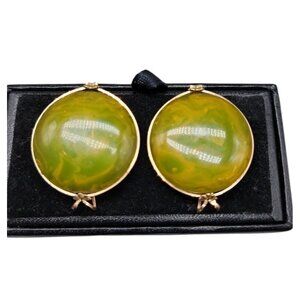 Castlecraft 14kgp Bakelite Clip On Earrings Marbled Lime Green Vtg Original Box